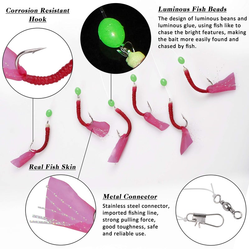 Shaddock Fishing Saltwater Fishing Bait Rigs, 10Packs Surf Fishing Rigs 6 Hooks Fishing Lures Red Fish Skin Feather Hooks Glow Fishing Beads Fishing Tackles for Freshwater Saltwater - Image 2